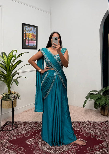 Trending Teal Color Chinon With Embroidered Lace Border Ready To Wear Saree