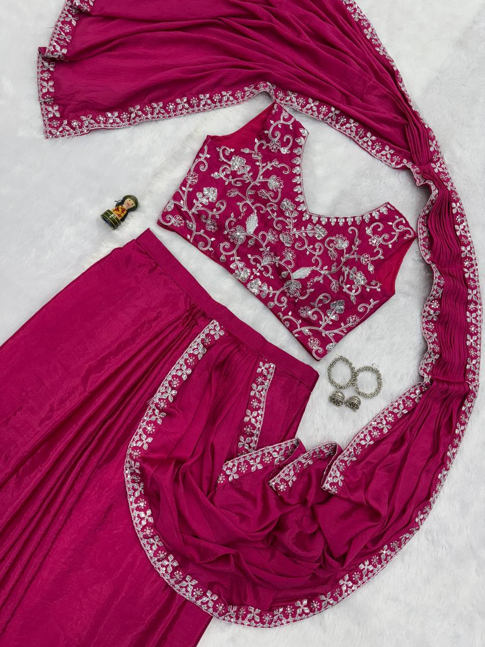 Trending Pink Color Chinon With Embroidered Lace Border Ready To Wear Saree