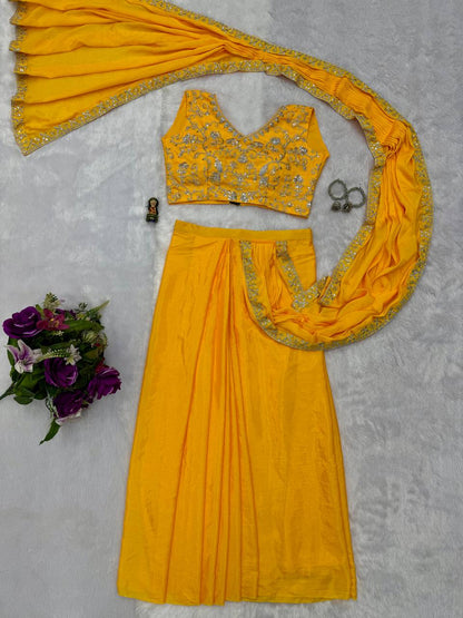 Trending Yellow Color Chinon With Embroidered Lace Border Ready To Wear Saree