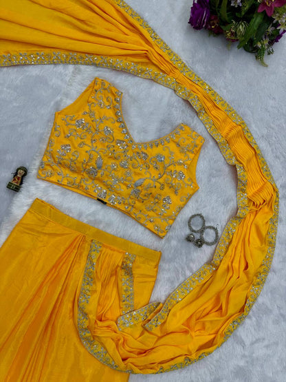 Trending Yellow Color Chinon With Embroidered Lace Border Ready To Wear Saree