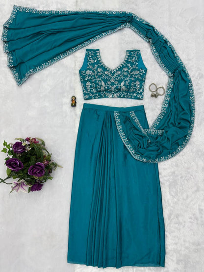 Trending Teal Color Chinon With Embroidered Lace Border Ready To Wear Saree