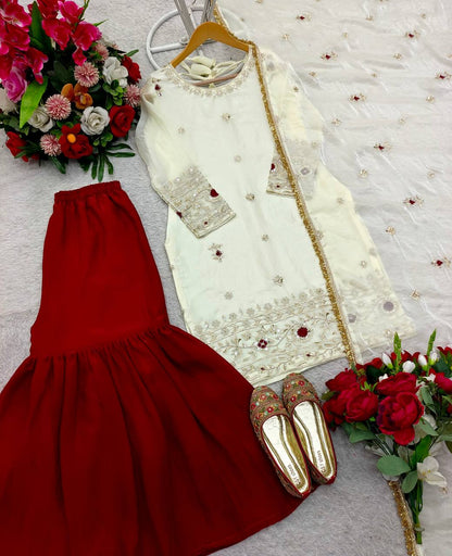 Function Wear White Color Pure Fendy Silk With Heavy Embroidery Sequence Work Sharara Suit