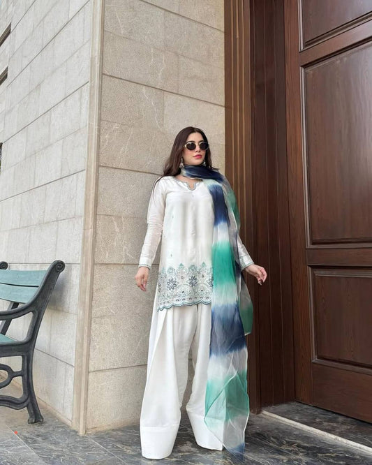 Party Wear Off White Color Roman Silk With Sequence Embroidery Salwar Suit