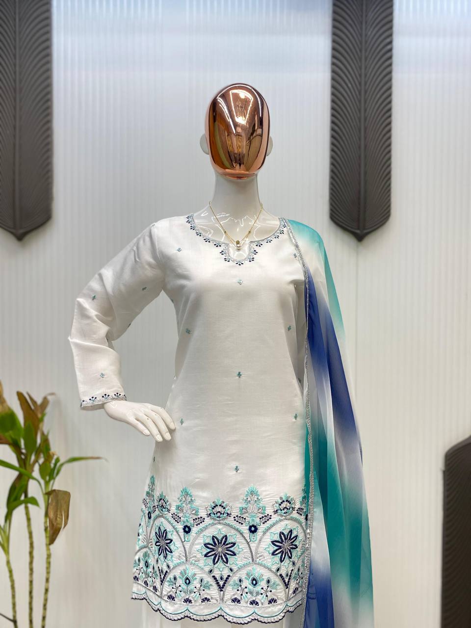 Party Wear Off White Color Roman Silk With Sequence Embroidery Salwar Suit
