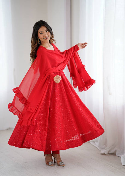 Gorgeous Red Color Sequins Work Designer Anarkali Suit
