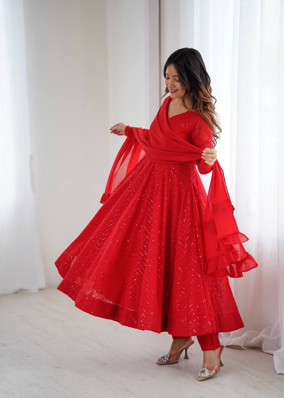 Gorgeous Red Color Sequins Work Designer Anarkali Suit
