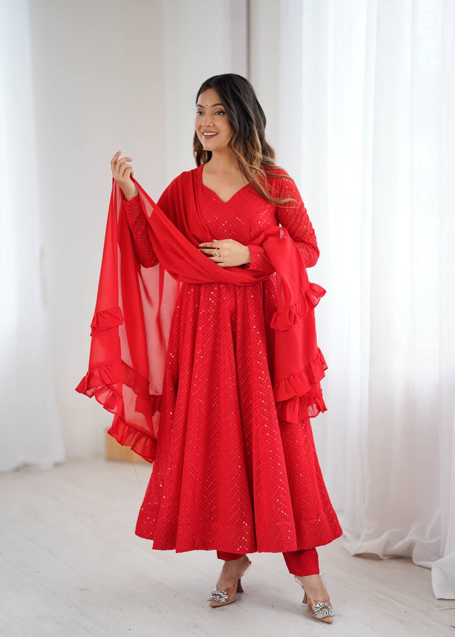 Gorgeous Red Color Sequins Work Designer Anarkali Suit