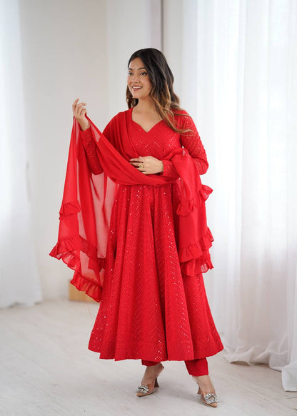 Gorgeous Red Color Sequins Work Designer Anarkali Suit