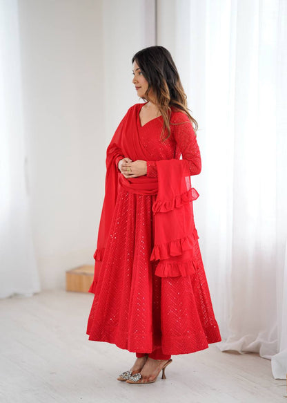 Gorgeous Red Color Sequins Work Designer Anarkali Suit