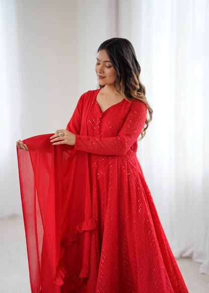 Gorgeous Red Color Sequins Work Designer Anarkali Suit