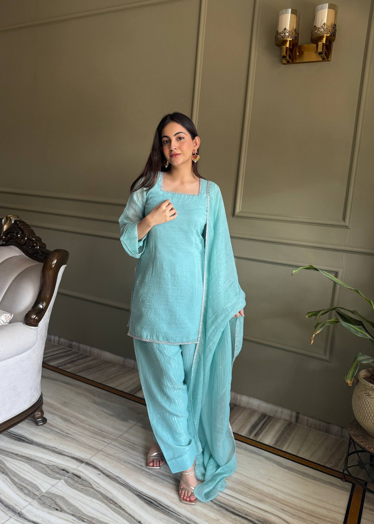 Imposing Sky Blue Color Farshi Salwar suit Set