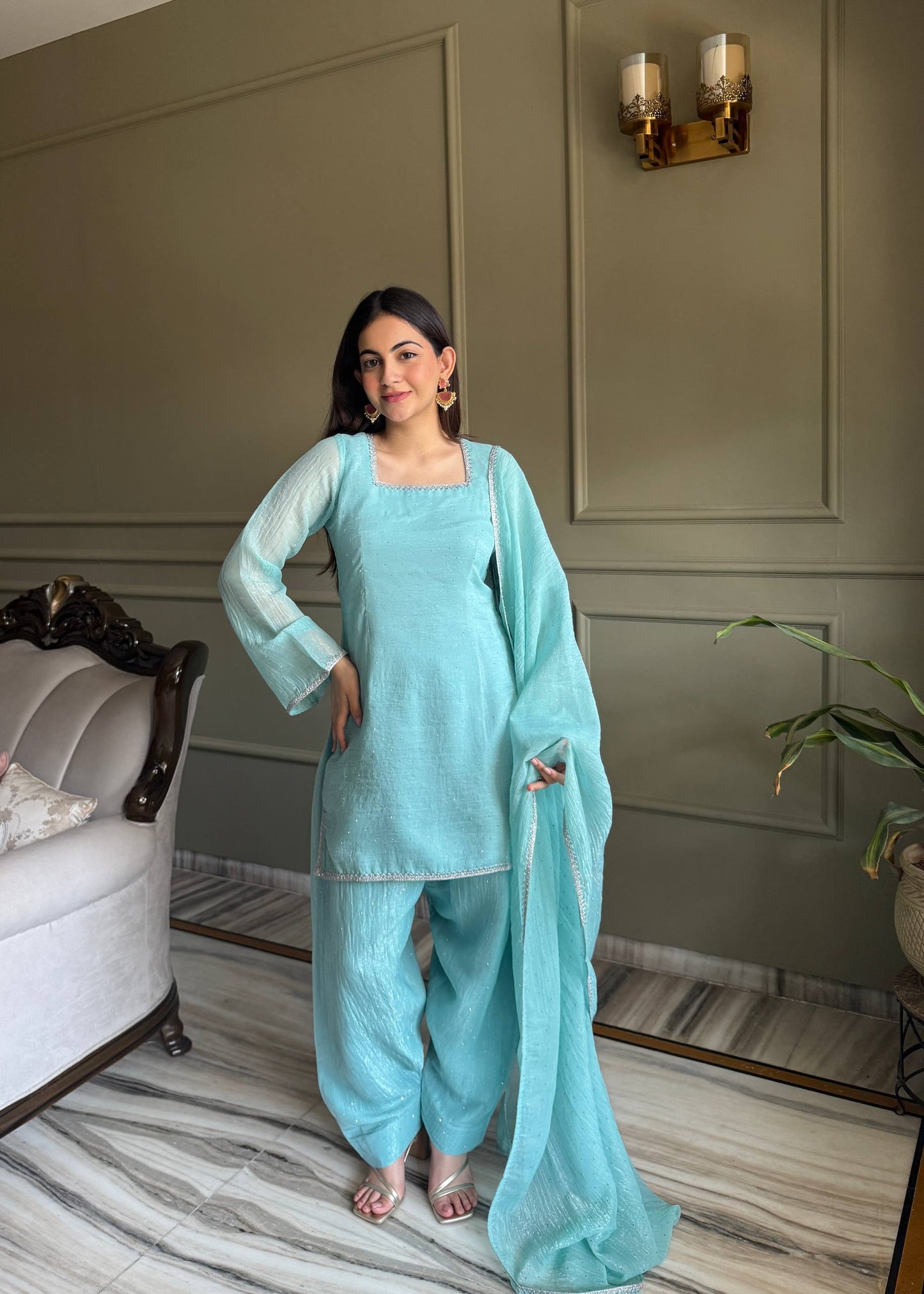 Imposing Sky Blue Color Farshi Salwar suit Set