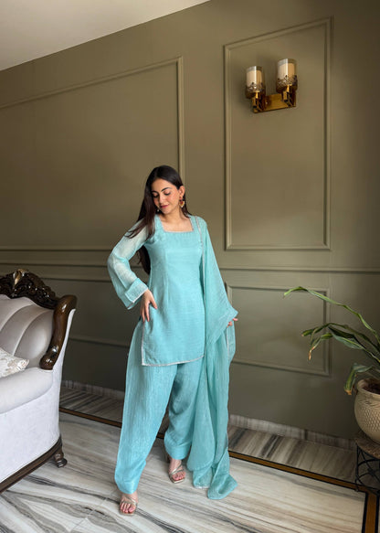 Imposing Sky Blue Color Farshi Salwar suit Set