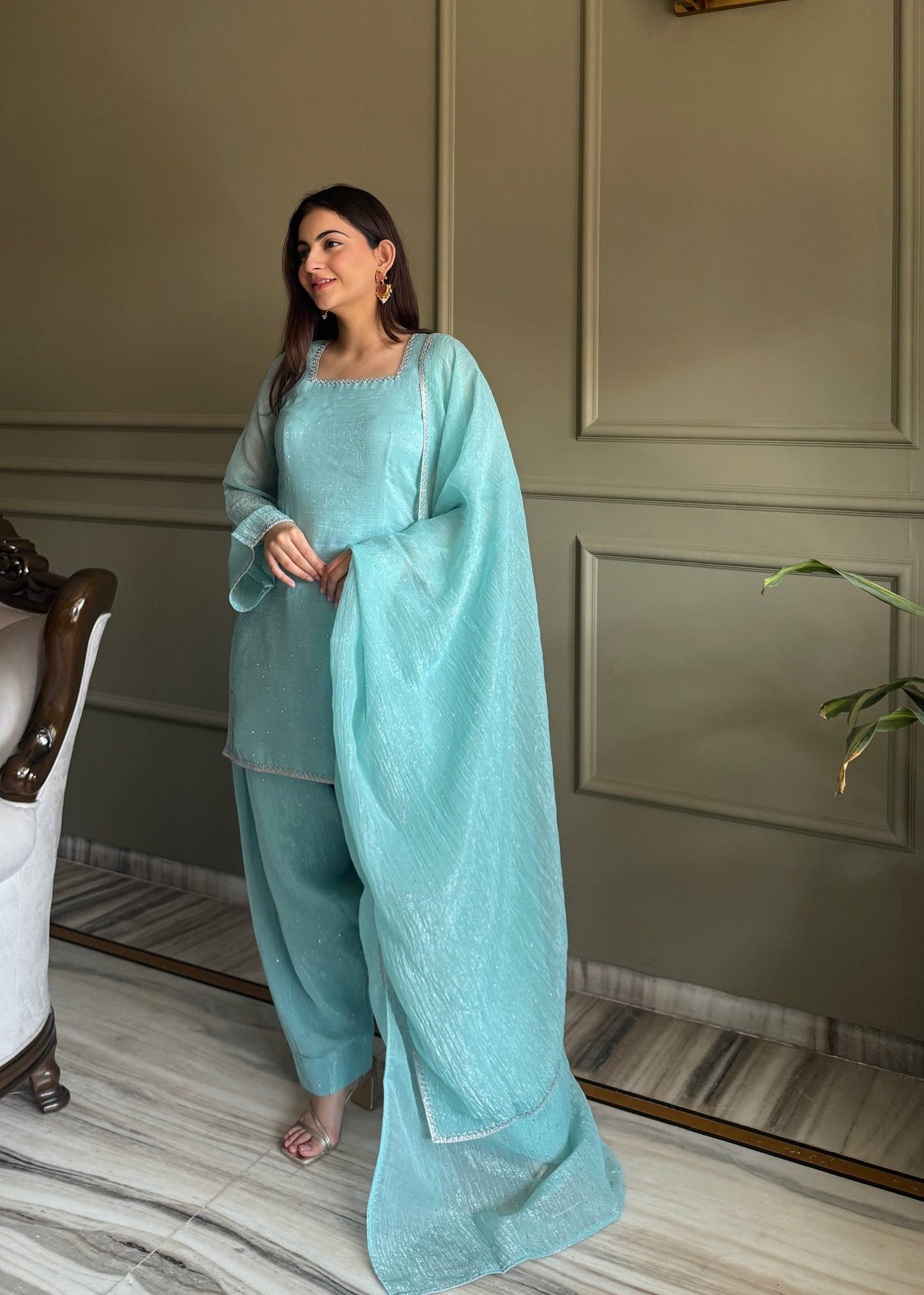 Imposing Sky Blue Color Farshi Salwar suit Set