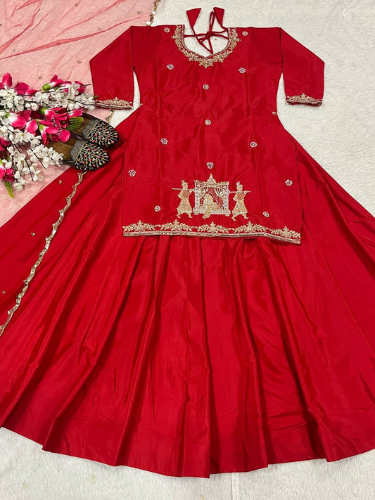 Fabulous Red Natural Crepe Silk Bids Hand Work With Sequence Work Top With Lehenga