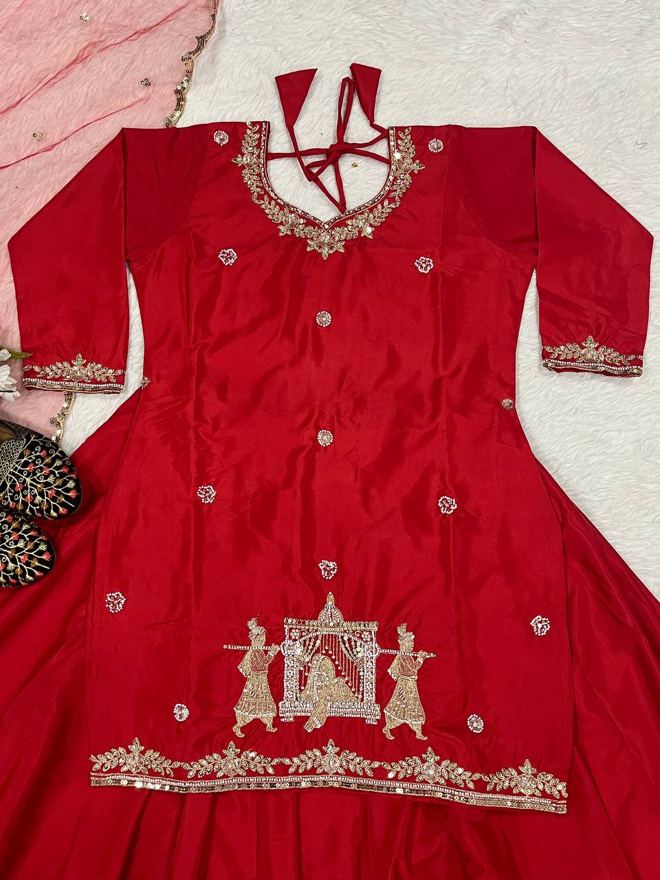Fabulous Red Natural Crepe Silk Bids Hand Work With Sequence Work Top With Lehenga