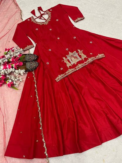 Fabulous Red Natural Crepe Silk Bids Hand Work With Sequence Work Top With Lehenga