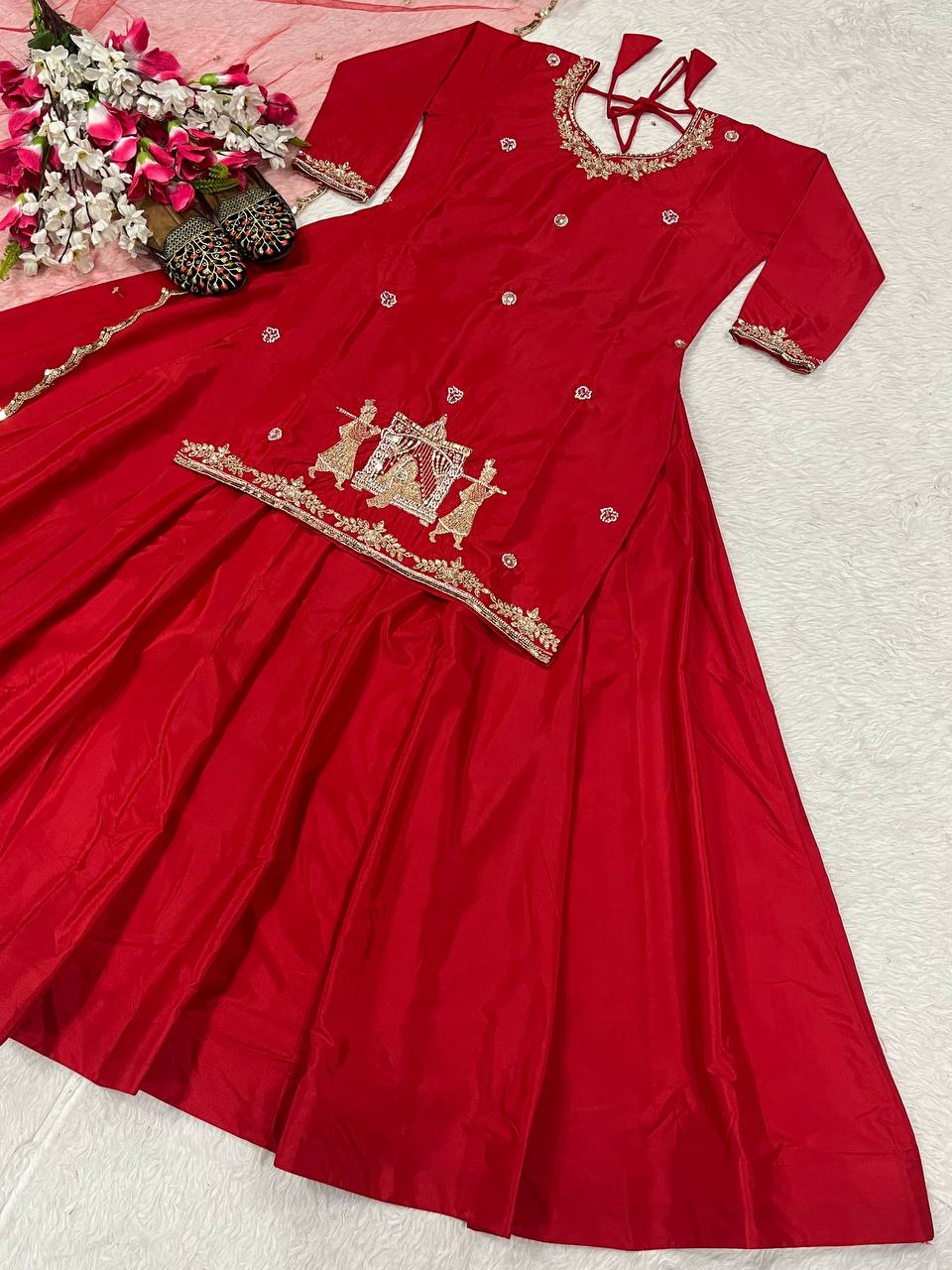 Fabulous Red Natural Crepe Silk Bids Hand Work With Sequence Work Top With Lehenga