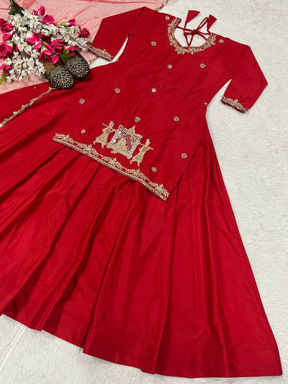 Fabulous Red Natural Crepe Silk Bids Hand Work With Sequence Work Top With Lehenga