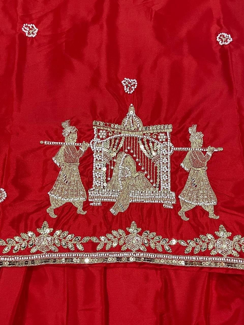 Fabulous Red Natural Crepe Silk Bids Hand Work With Sequence Work Top With Lehenga