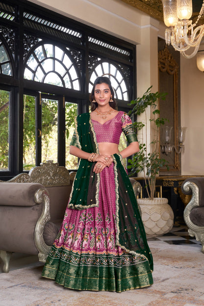 South Indian Wear Pink Color Kanchipuram Printed With Zari Weaving Work Lehenga Choli