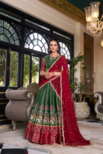South Indian Wear Green Color Kanchipuram Printed With Zari Weaving Work Lehenga Choli