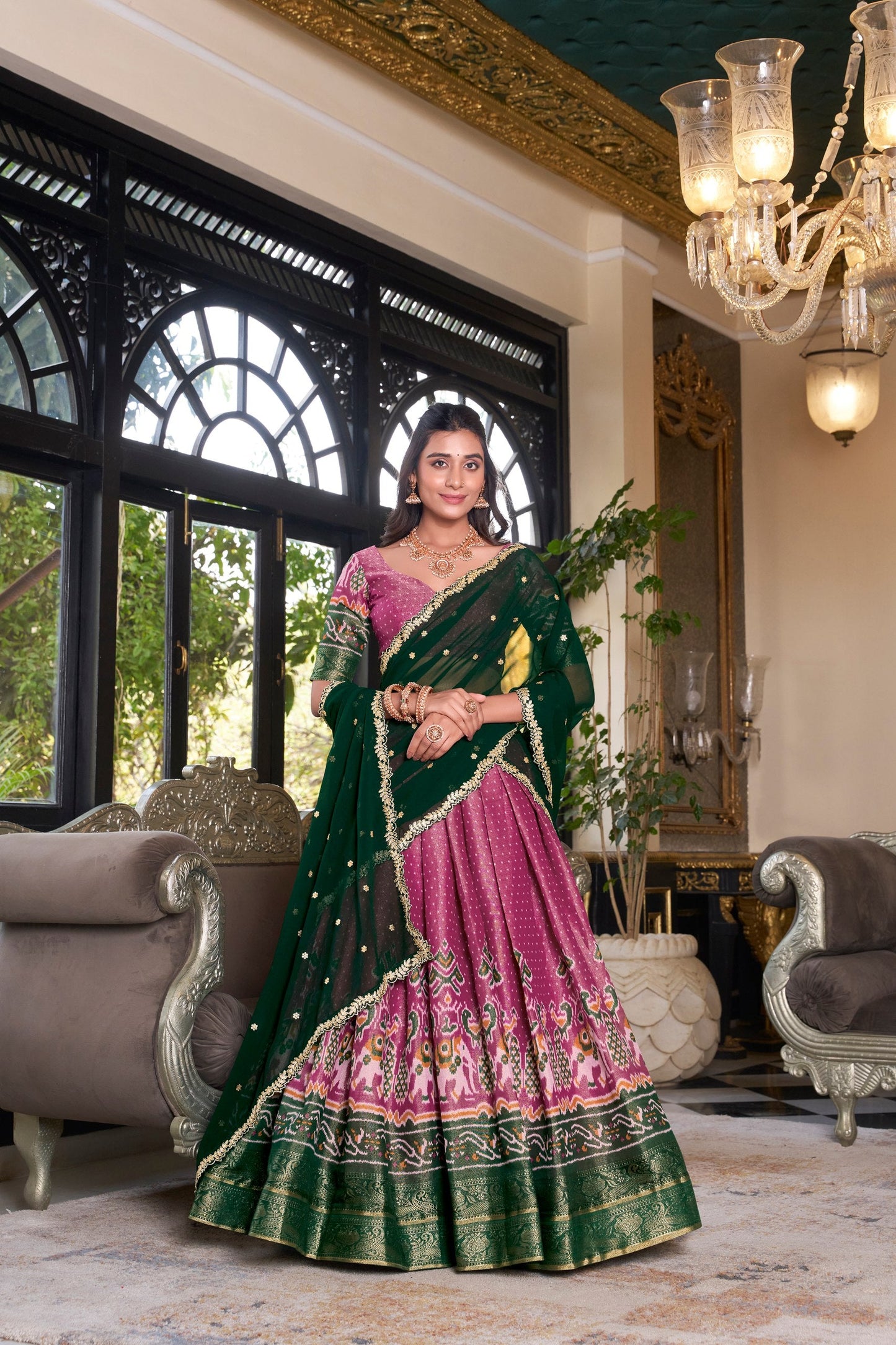 South Indian Wear Pink Color Kanchipuram Printed With Zari Weaving Work Lehenga Choli