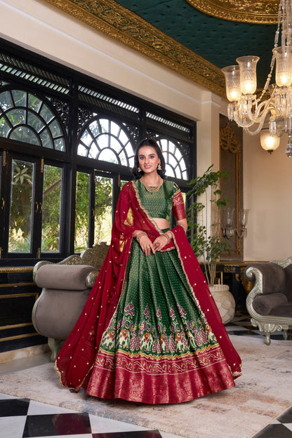 South Indian Wear Green Color Kanchipuram Printed With Zari Weaving Work Lehenga Choli