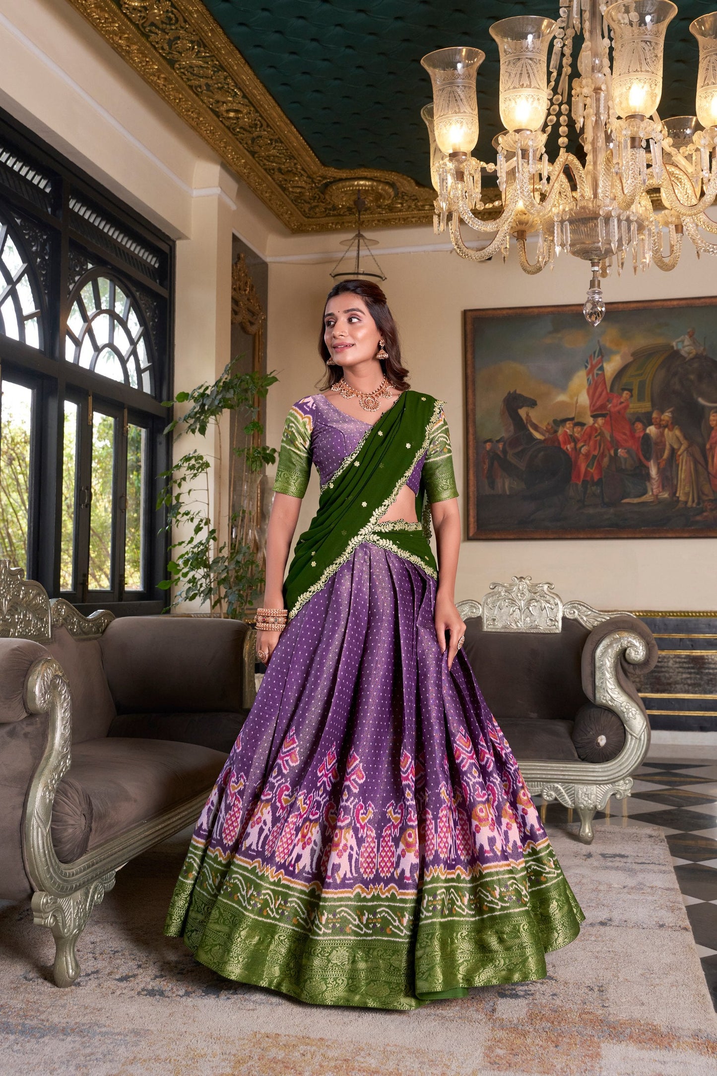 South Style Wear Purple Color Kanchipuram Printed With Zari Weaving Work Lehenga Choli