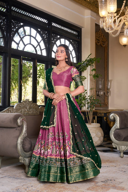 South Indian Wear Pink Color Kanchipuram Printed With Zari Weaving Work Lehenga Choli