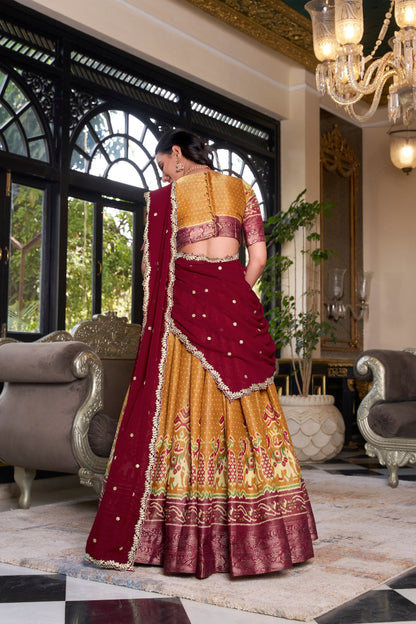 South Style Wear Mustard Color Kanchipuram Printed With Zari Weaving Work Lehenga Choli
