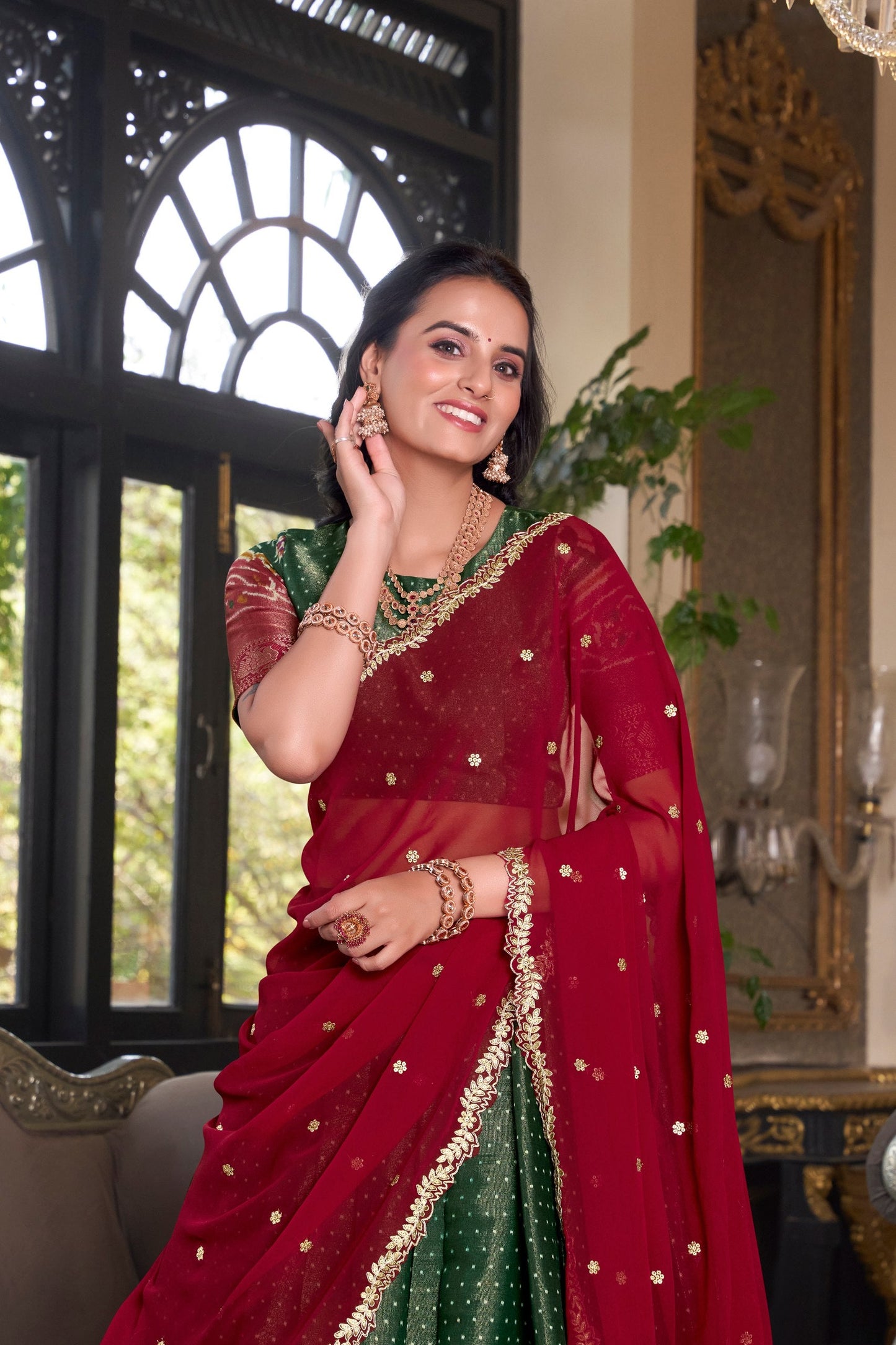 South Indian Wear Green Color Kanchipuram Printed With Zari Weaving Work Lehenga Choli