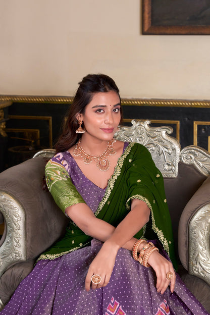 South Style Wear Purple Color Kanchipuram Printed With Zari Weaving Work Lehenga Choli