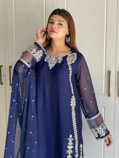 Reception Wear Navy Color Georgette 3-Piece Salwar Suit