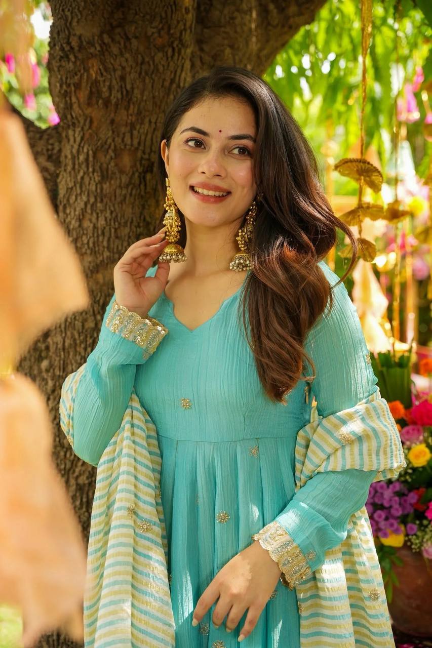 Designer Sky Color Faux Georgette Anarkali Suit