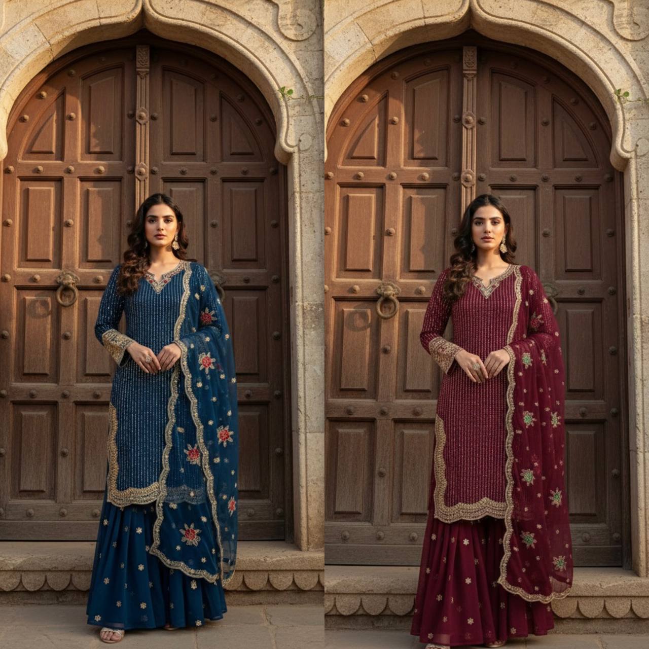 Gorgeous Heavy Embroidered Navy Blue Color Sharara Suit