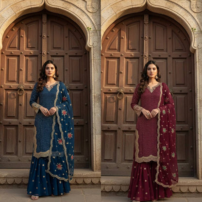 Gorgeous Heavy Embroidered Navy Blue Color Sharara Suit