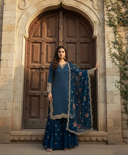 Gorgeous Heavy Embroidered Navy Blue Color Sharara Suit