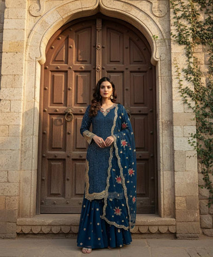 Gorgeous Heavy Embroidered Navy Blue Color Sharara Suit