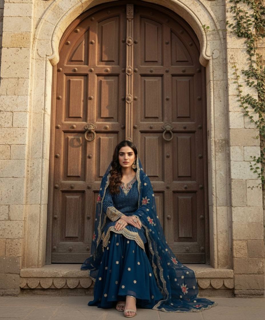 Gorgeous Heavy Embroidered Navy Blue Color Sharara Suit