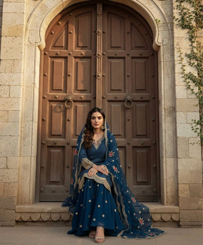 Gorgeous Heavy Embroidered Navy Blue Color Sharara Suit