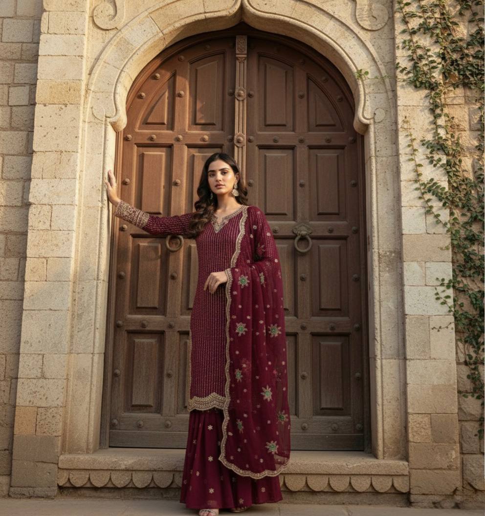 Gorgeous Heavy Embroidered Navy Blue Color Sharara Suit