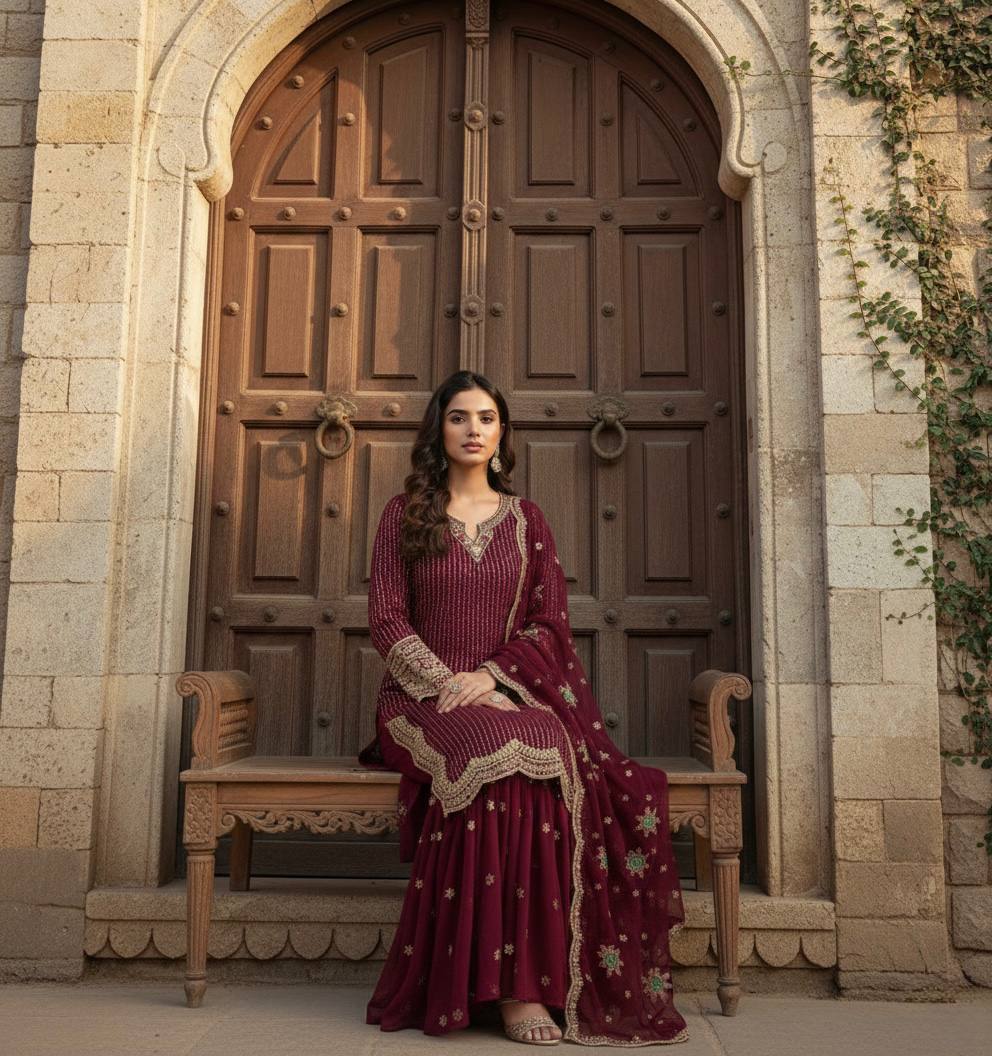 Gorgeous Heavy Embroidered Navy Blue Color Sharara Suit