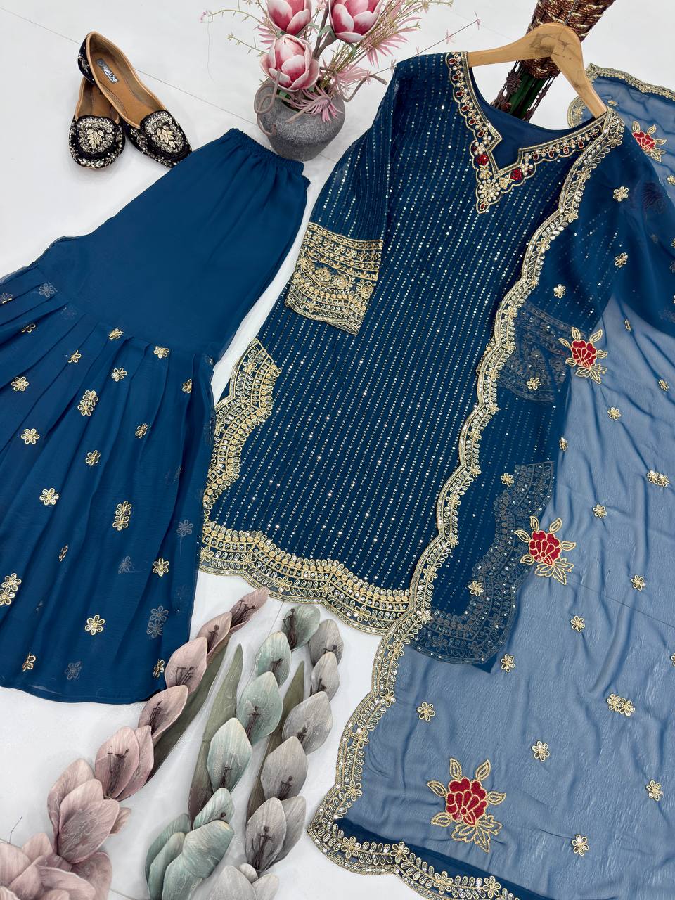 Gorgeous Heavy Embroidered Navy Blue Color Sharara Suit