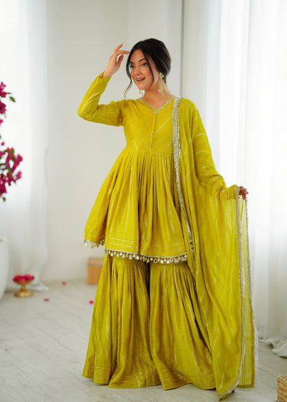Arti Chauhan Wear Lemon Color Handwork Designer Sharara Suit
