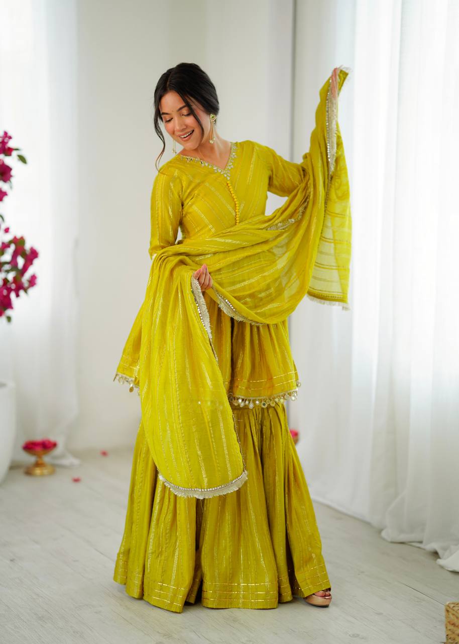 Arti Chauhan Wear Lemon Color Handwork Designer Sharara Suit