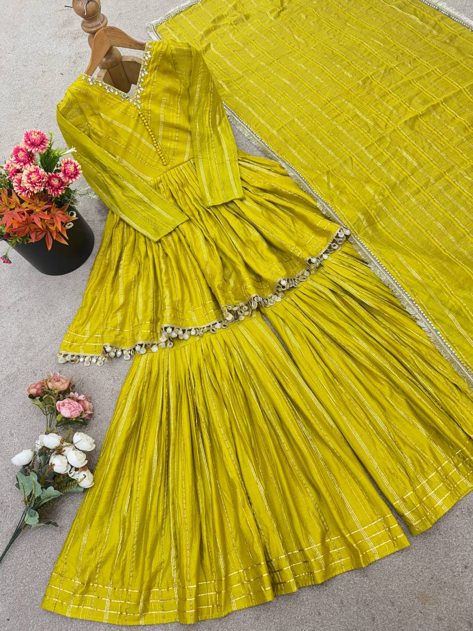 Arti Chauhan Wear Lemon Color Handwork Designer Sharara Suit