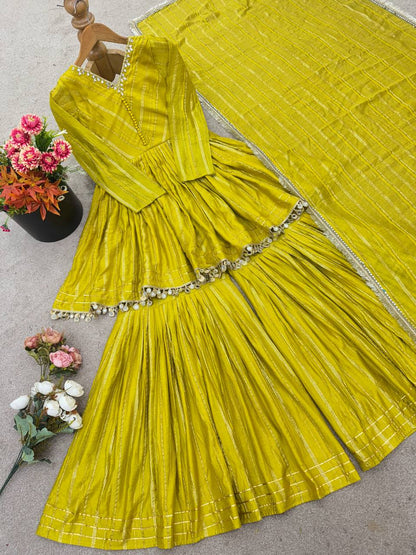 Arti Chauhan Wear Lemon Color Handwork Designer Sharara Suit