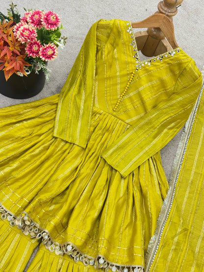 Arti Chauhan Wear Lemon Color Handwork Designer Sharara Suit