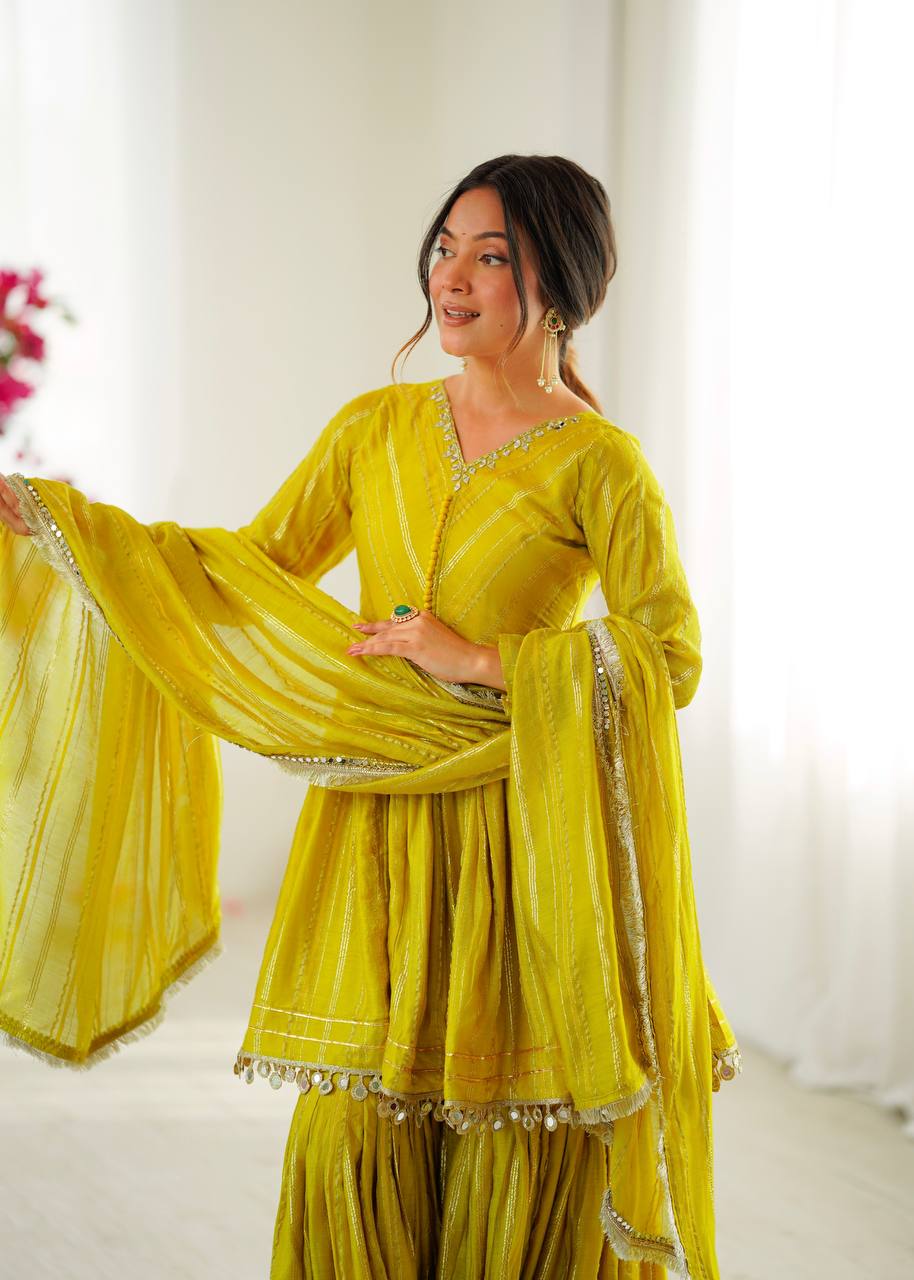 Arti Chauhan Wear Lemon Color Handwork Designer Sharara Suit